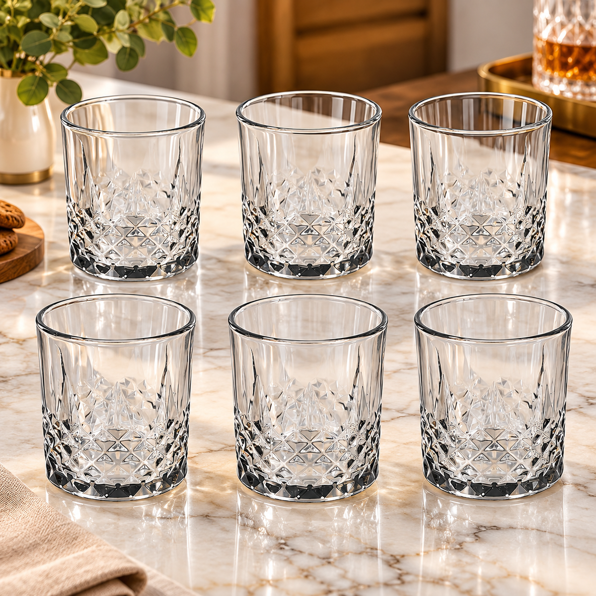 Diamond Cut Crystal Clear Drinking Glass Cups Set of 6