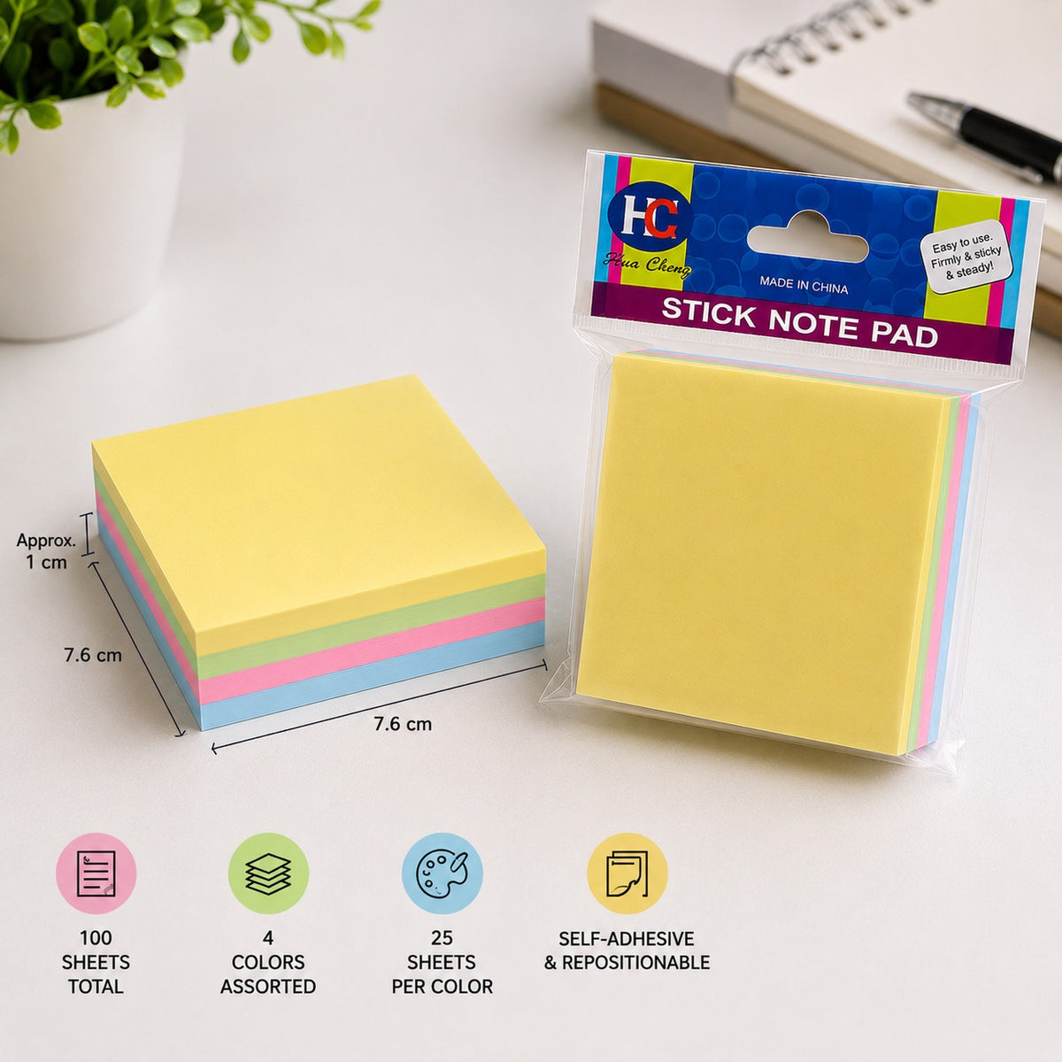 Sticky Note Pad 100 Sheets 4 Colors Self Adhesive Square Notes for Office School Study Reminders and Organization