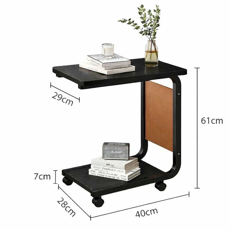 C Shaped 2 Tier Side Table With Wheels Sofa Bedside Laptop Coffee Table For Home Office - Image 7