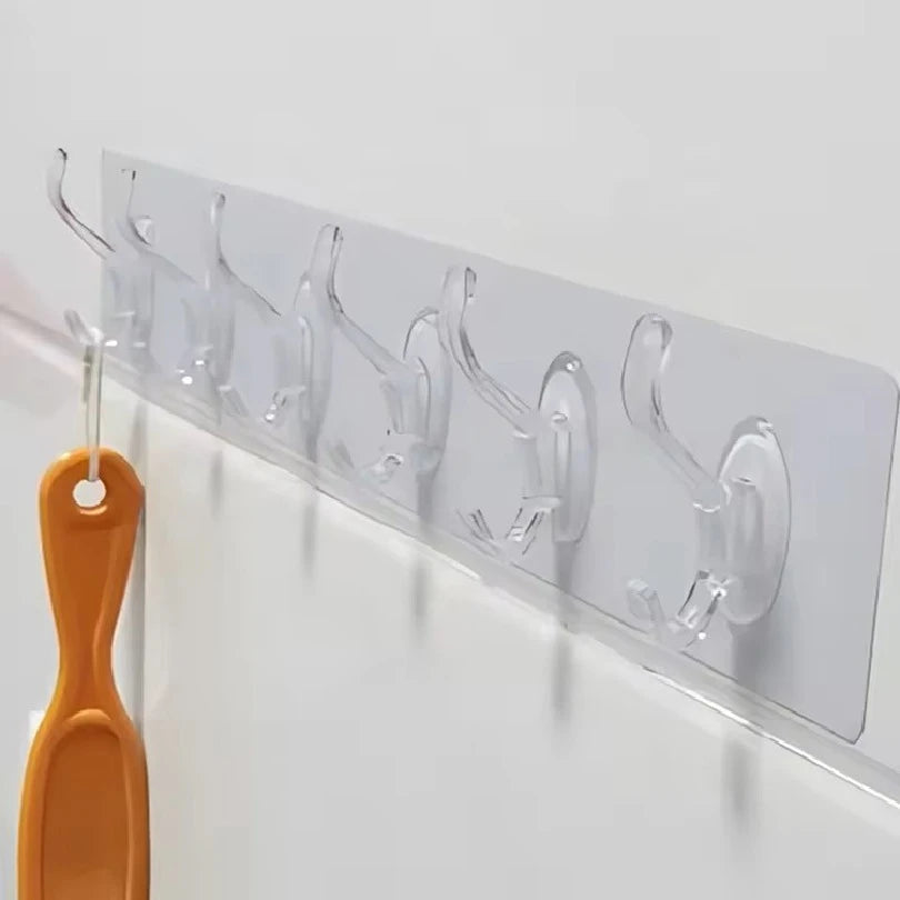 Transparent Self Adhesive 6 Hook Wall Hanger Rack Clear Multi-Purpose Door & Bathroom Organizer Hooks