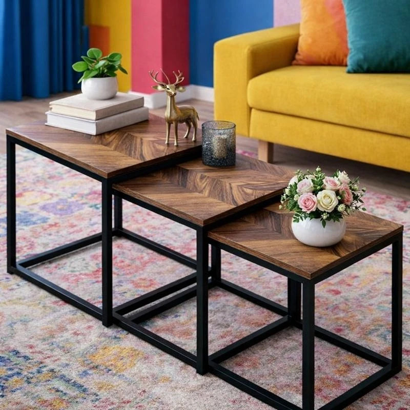 Square Nesting Coffee Tables 3 Pcs Set Industrial Wood Metal Side Tables Herringbone Design Living Room Furniture