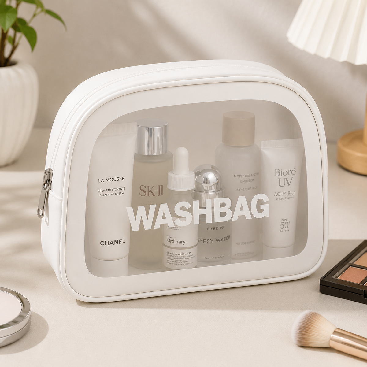 White Minimalist Transparent Washbag Pouch Travel Cosmetic Toiletry Organizer