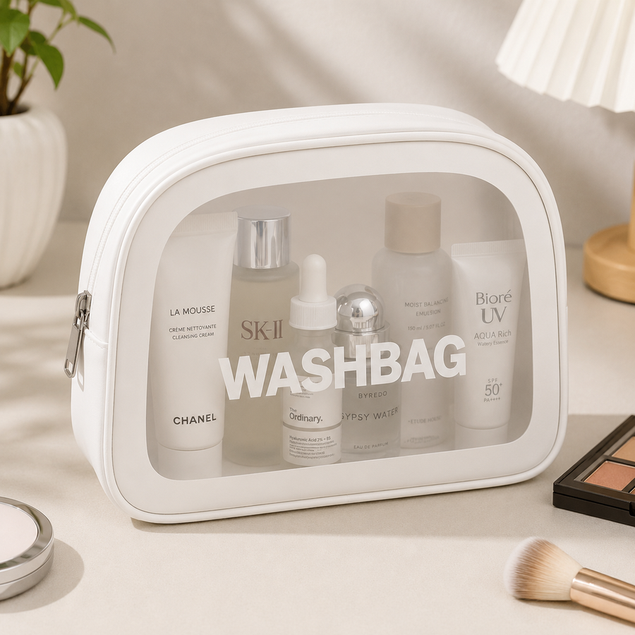 White Minimalist Transparent Washbag Pouch Travel Cosmetic Toiletry Organizer