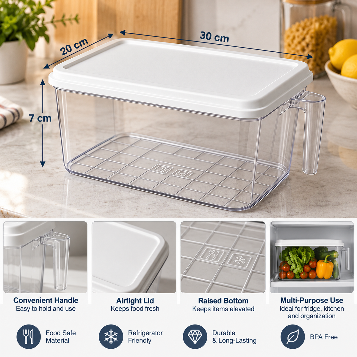 Clear BPA Free Food Storage Container with Lid Handle Fridge Pantry Kitchen Organizer Box