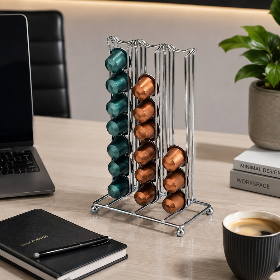 42 Capsule Coffee Pod Holder Nespresso Compatible Vertical Chrome Storage Organizer