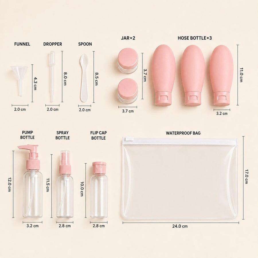 Travel Toiletry Bottle Set with Silicone Squeeze Bottles Cosmetic Jars Spray Pump Bottles Funnel and Waterproof Bag