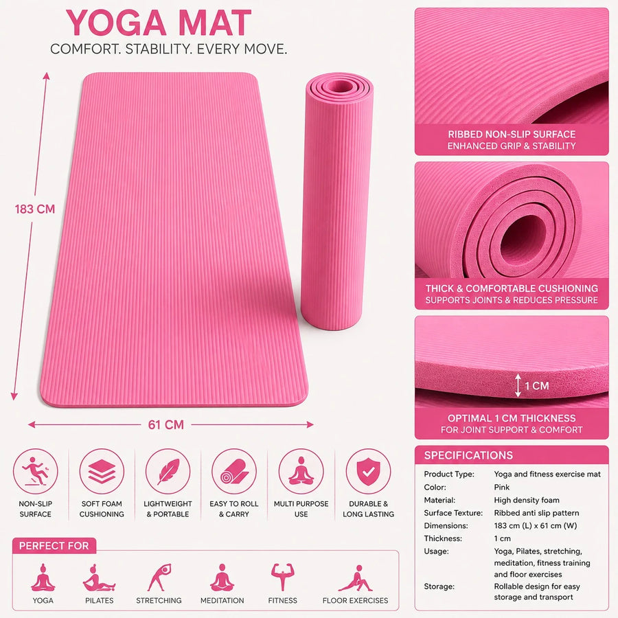 Ribbed Yoga Exercise Mat Non Slip Thick Foam Fitness Pilates Workout Mat