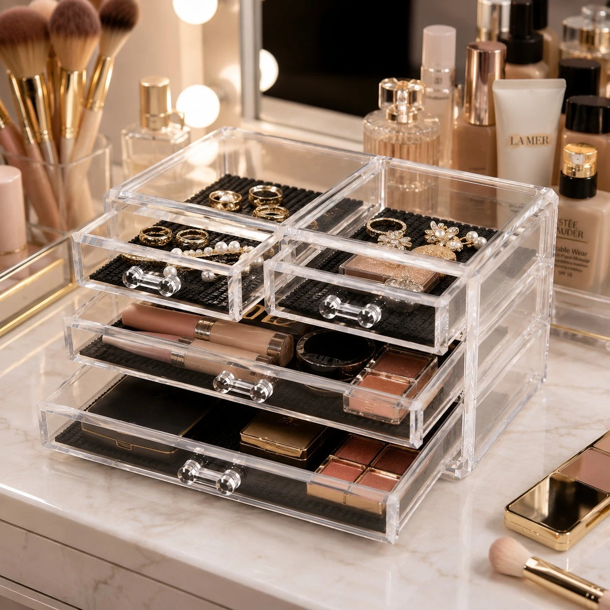 Acrylic Storage Organizer Clear 4 Drawer Jewelry Makeup Cosmetic Skincare Vanity Desktop Accessories Organizer Box With Non Slip Mats