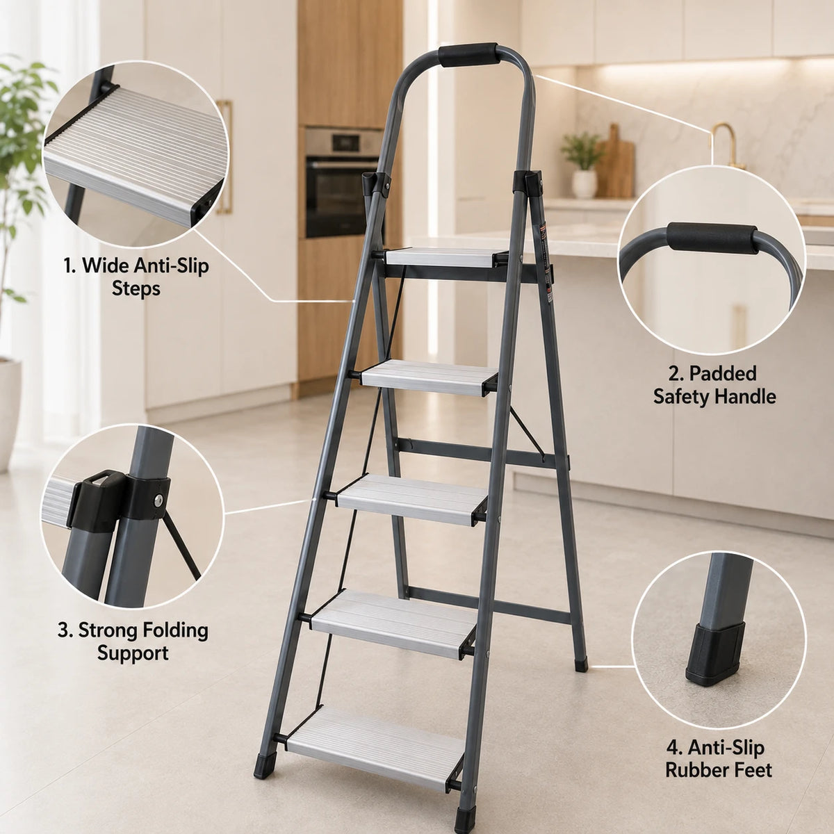 5 Step Folding Ladder with Padded Safety Handle Wide Anti Slip Steps & Rubber Feet