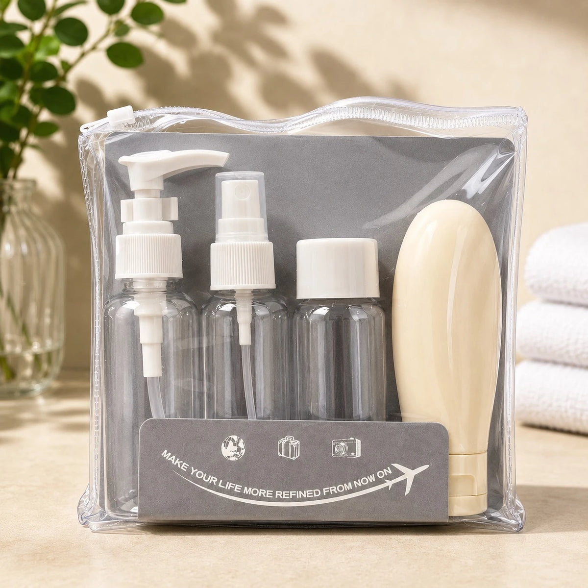 Travel Toiletry Bottle Set 4 Pieces Refillable Silicone Squeeze Spray Pump Flip Cap Bottles with Clear Travel Bag