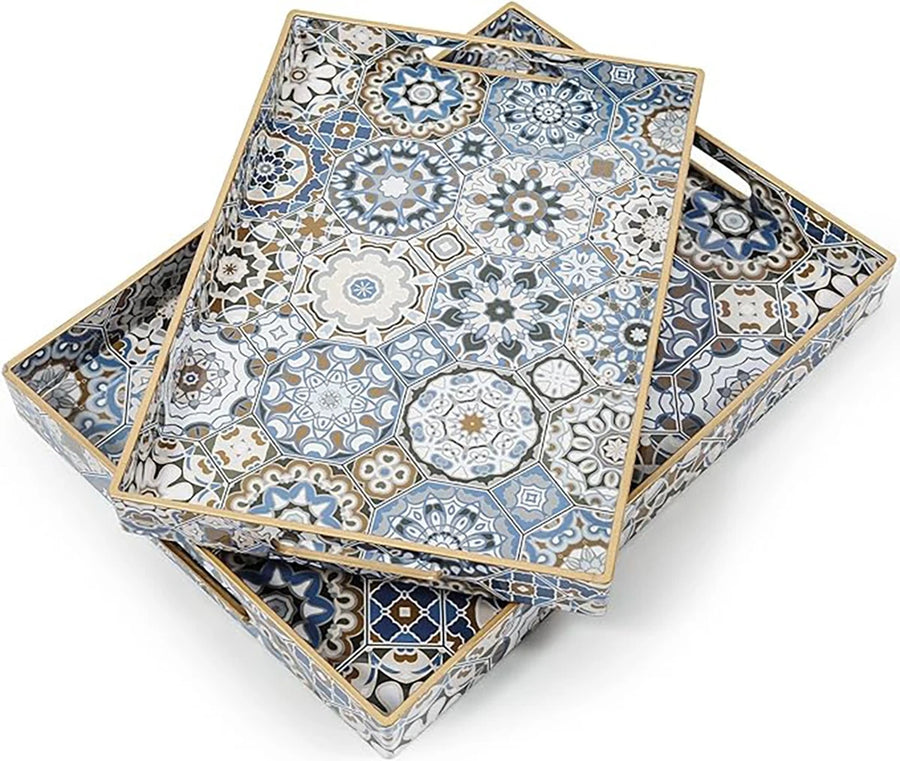 Arabesque Moroccan Tile Serving Tray Set 2 Pieces Rectangular Teal Gold Coffee Dining