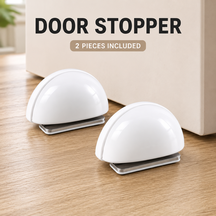 2 Piece Magnetic Self Adhesive Door Stopper Set Strong Hold No Drilling Floor Mount White & Gray