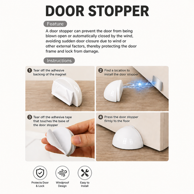2 Piece Magnetic Self Adhesive Door Stopper Set Strong Hold No Drilling Floor Mount White & Gray