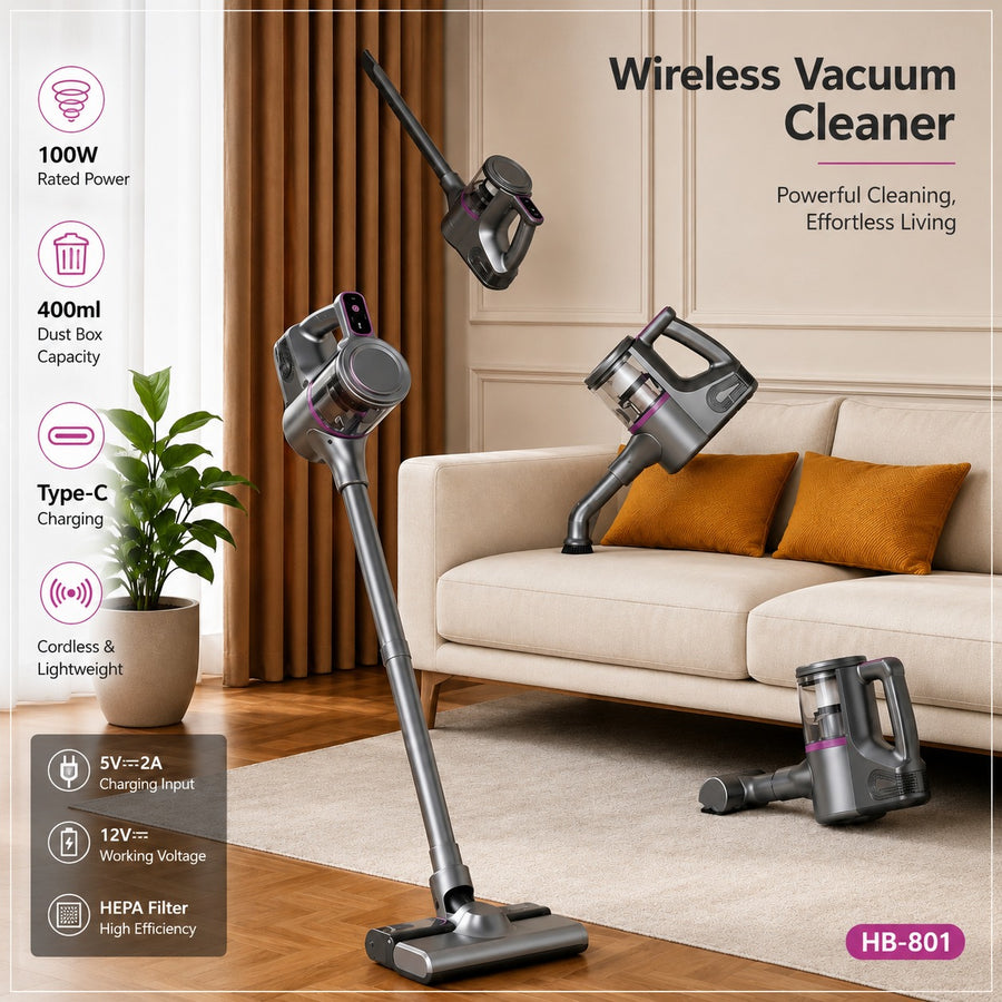 Cordless Rechargeable Stick Handheld Vacuum Cleaner for Home Car Carpet Sofa Cleaning HB 801 100W