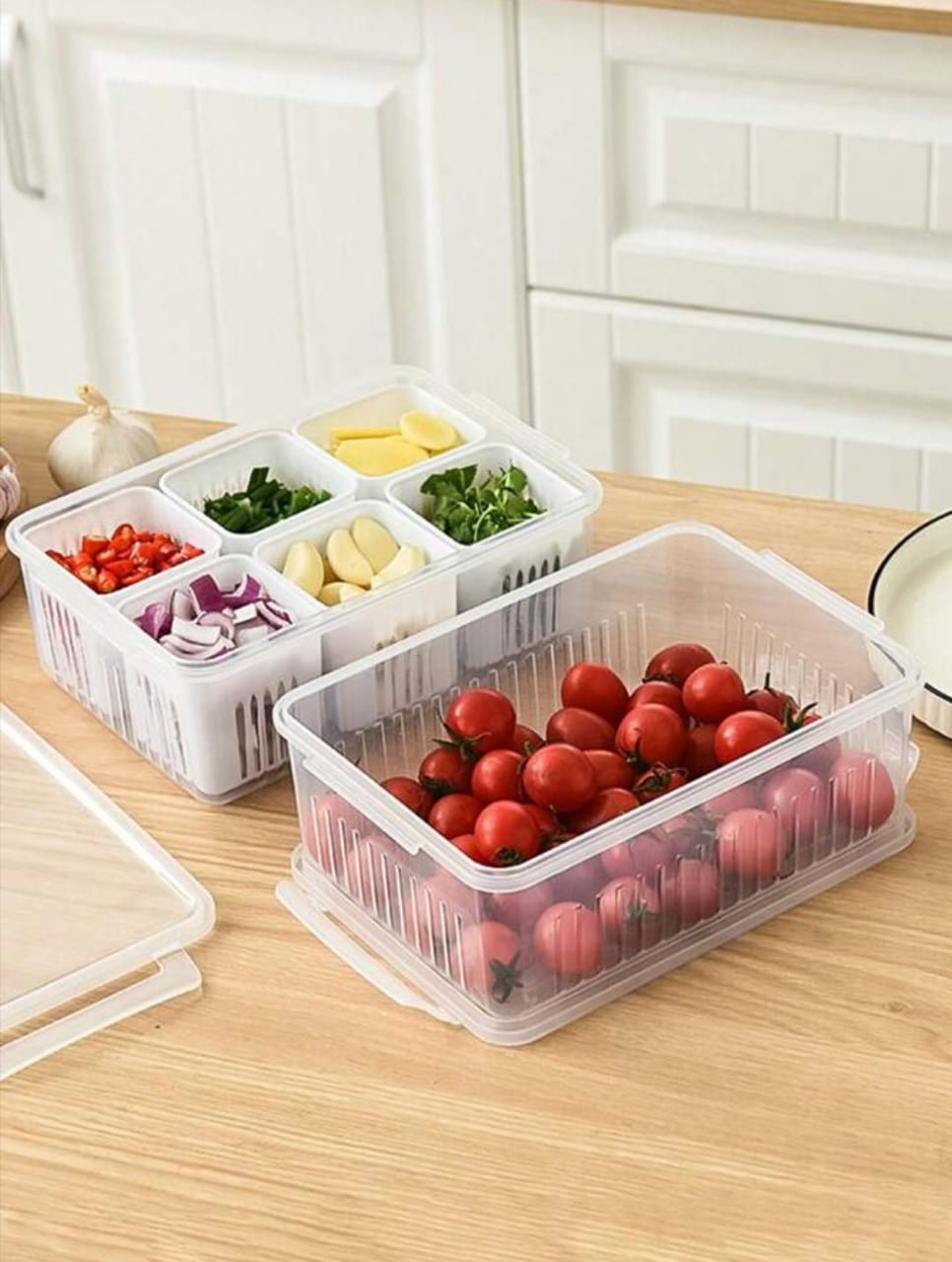 6 Compartment Refrigerator Food Storage Container with Removable Bins Vent Drain Design and Clip On Lid