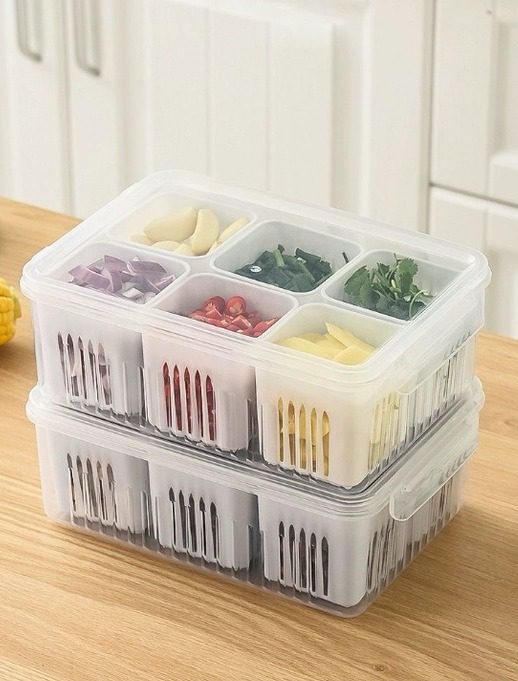 6 Compartment Refrigerator Food Storage Container with Removable Bins Vent Drain Design and Clip On Lid