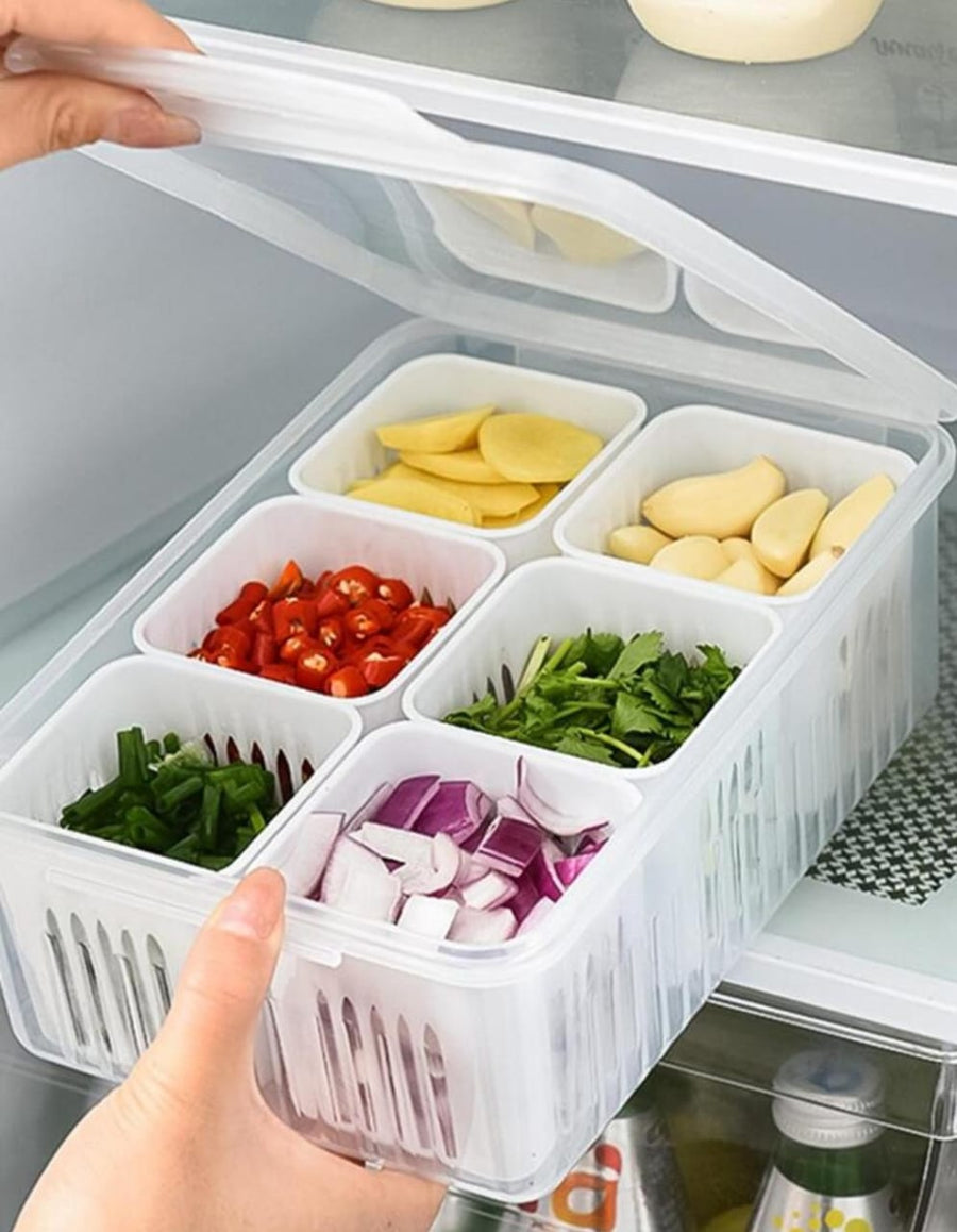 6 Compartment Refrigerator Food Storage Container with Removable Bins Vent Drain Design and Clip On Lid