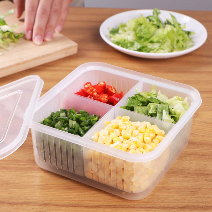 4 Compartment Refrigerator Food Storage Container with Removable Bins Vent Drain Design and Clip On Lid