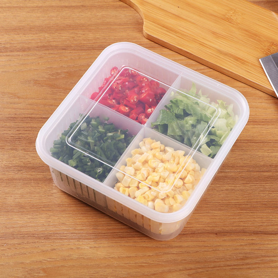4 Compartment Refrigerator Food Storage Container with Removable Bins Vent Drain Design and Clip On Lid