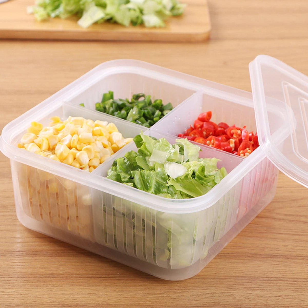 4 Compartment Refrigerator Food Storage Container with Removable Bins Vent Drain Design and Clip On Lid