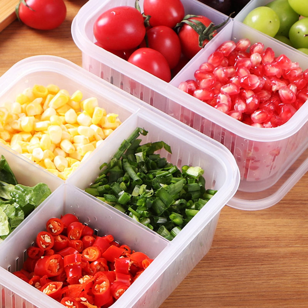4 Compartment Refrigerator Food Storage Container with Removable Bins Vent Drain Design and Clip On Lid