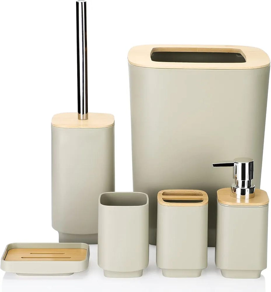 Modern 6 Piece Bamboo Bathroom Accessories Set with Trash Bin