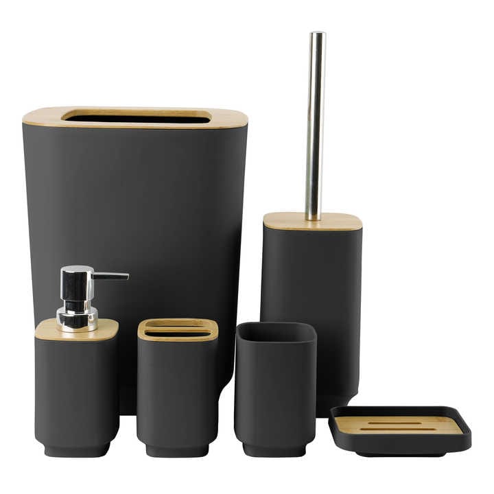 Modern 6 Piece Bamboo Bathroom Accessories Set with Trash Bin