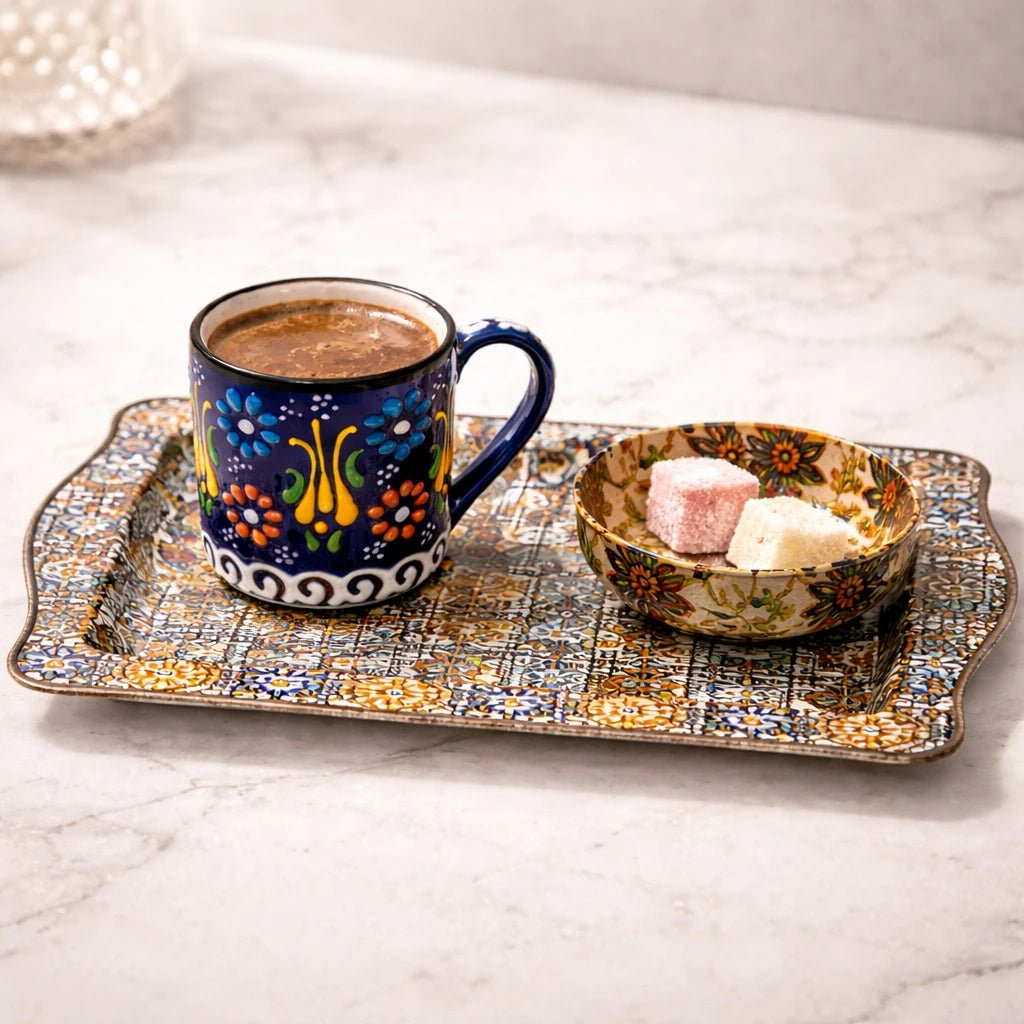 Turkish Coffee Serving Set Metal Tray Ceramic Cup Mandala Coffee Tea Serving Set Ottoman Floral Decorative Tray Set - Image 5