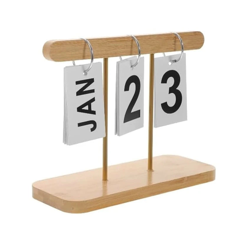 Vintage Perpetual Flip Desk Calendar with Wooden Base and Retro Decorative Design for Home and Office