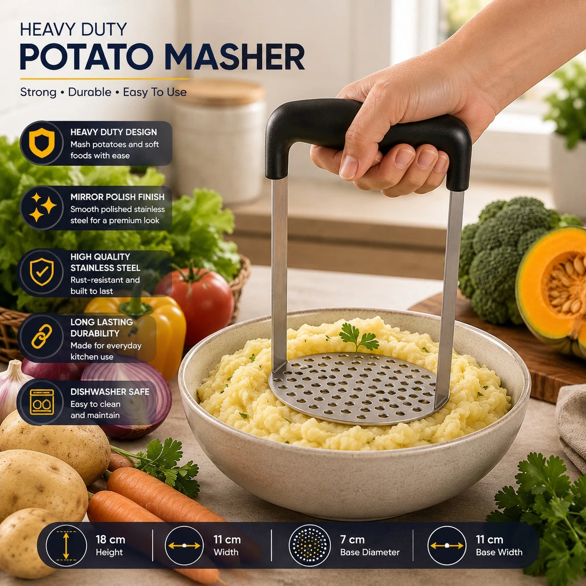 Heavy Duty Stainless Steel Potato Masher Vegetable Fruit Avocado Masher Kitchen Press With Black Handle