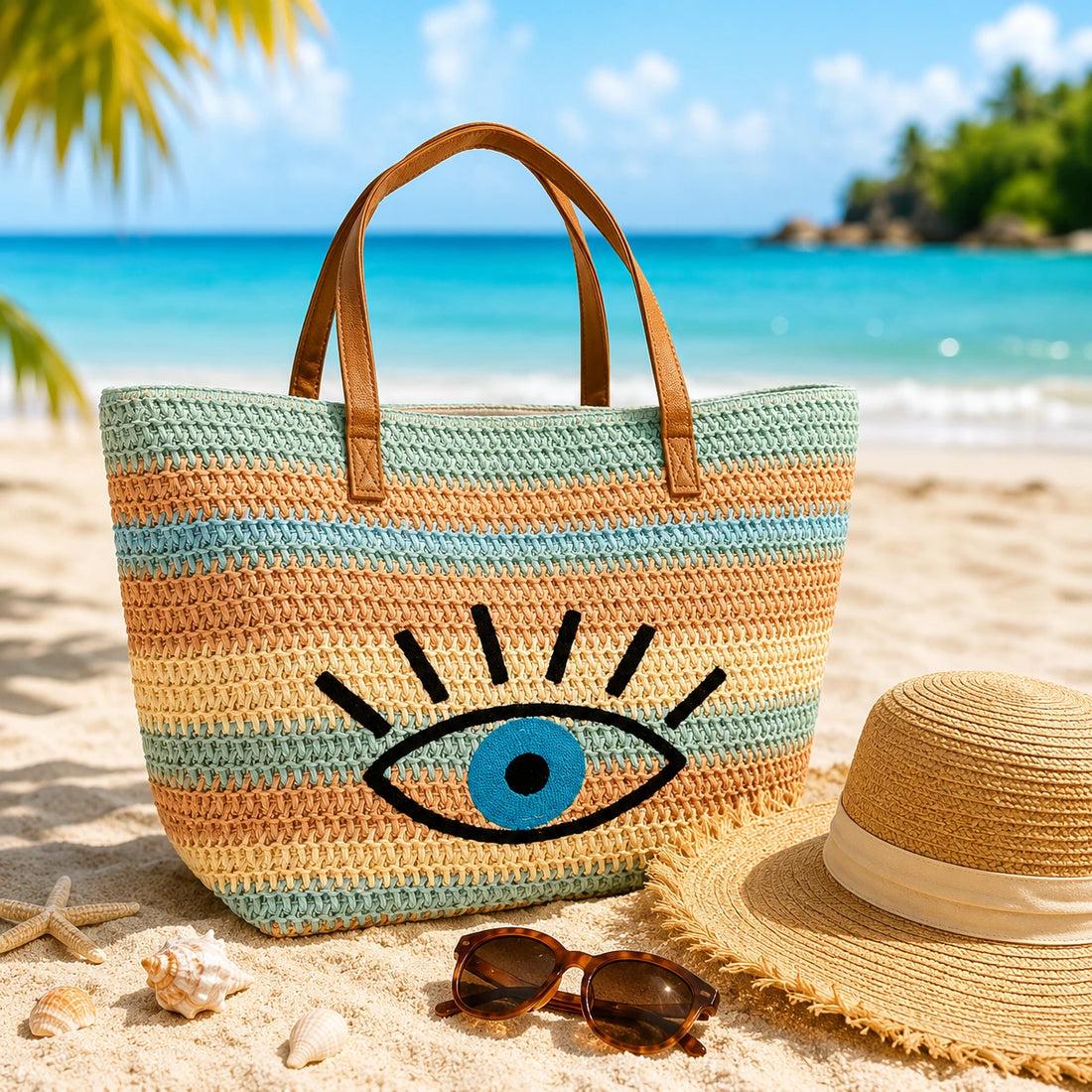 Summer Beach Bag Woven Tote Bag Evil Eye Straw Handbag Vacation Shoulder Bag
