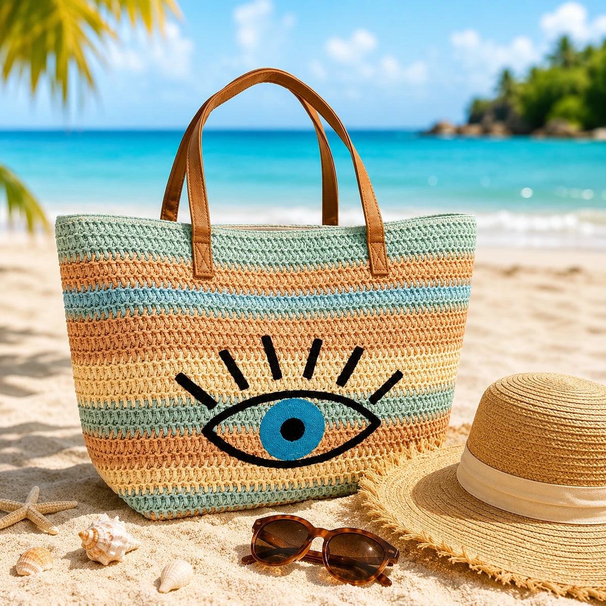 Summer Beach Bag Woven Tote Bag Evil Eye Straw Handbag Vacation Shoulder Bag - Image 1