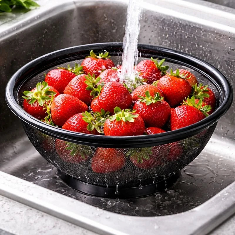 Medium Black Stainless Steel Mesh Colander 25 cm – Heavy-Duty Vegetable & Fruit Strainer, Pasta Drainer & Kitchen Washing Bowl