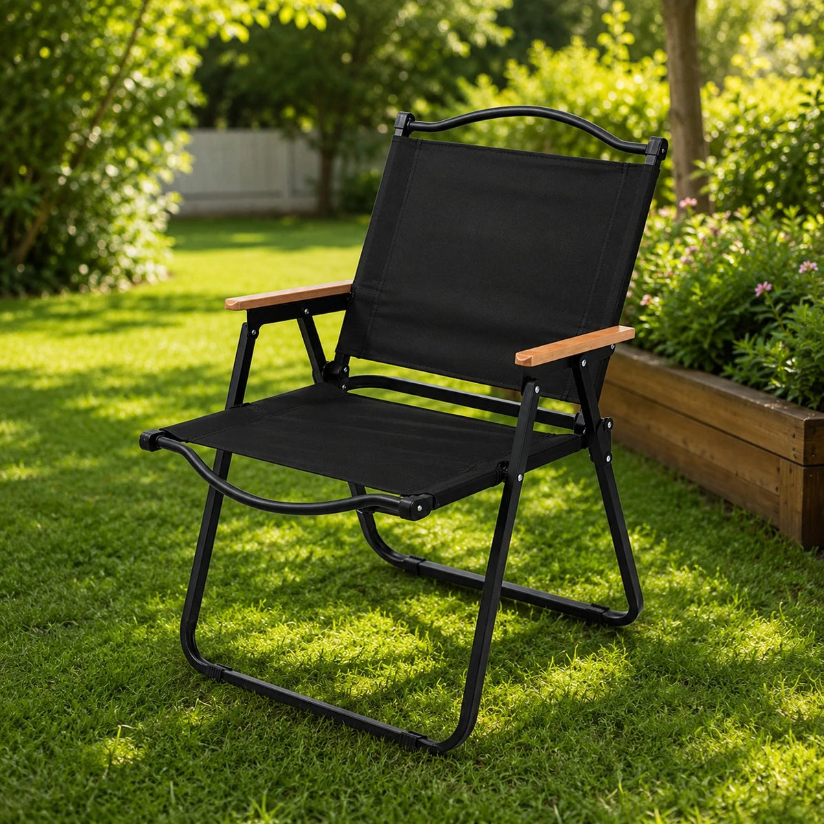 Folding Camping Chair Heavy Duty Outdoor Garden Chair Portable Black Oxford Cloth Chair With Wooden Armrests