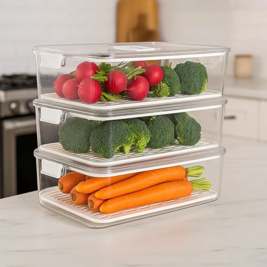 Fridge Storage Container for Vegetables Fruits Meat Seafood with Ventilation Drain Tray Organizer