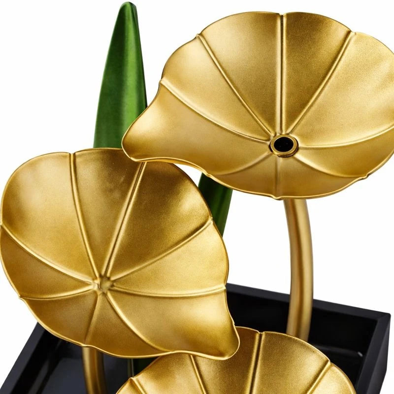 Decorative Tabletop Water Fountain Gold Lotus Leaf Indoor Zen Waterfall LED Light Home Office Relaxation Decor