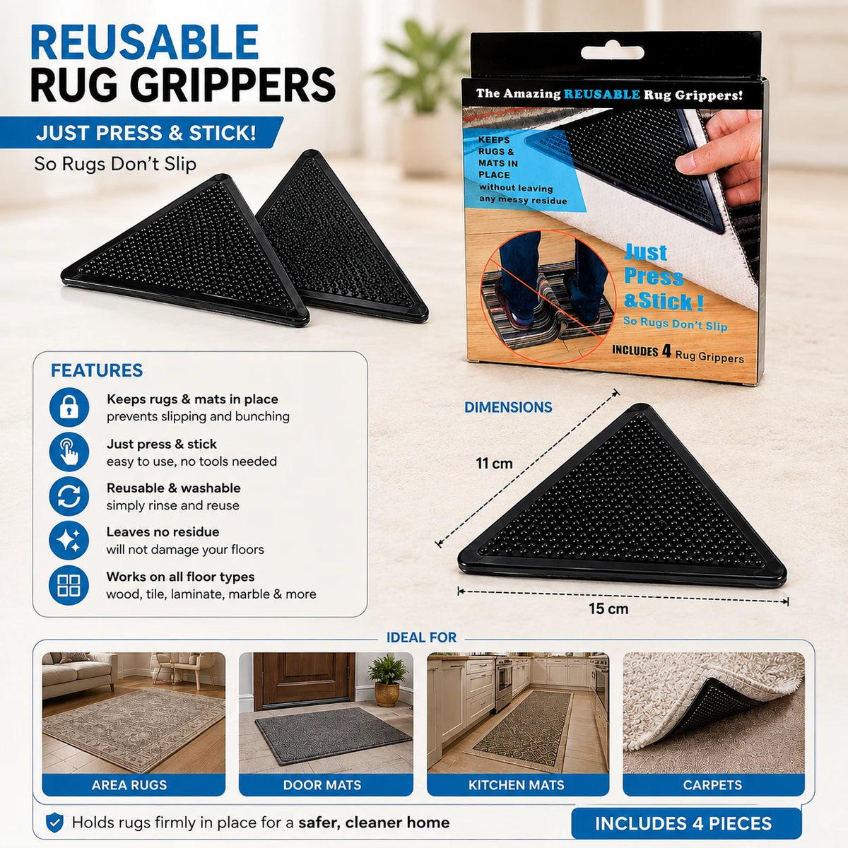 Reusable Rug Grippers Non-Slip Carpet Corner Grips Set of 4