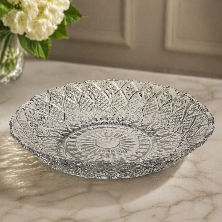 Clear Glass Deep Serving Plate Fruit Dish Decorative Cut Pattern Round Large Serving Tray Dessert Platter Table Centerpiece 30 cm
