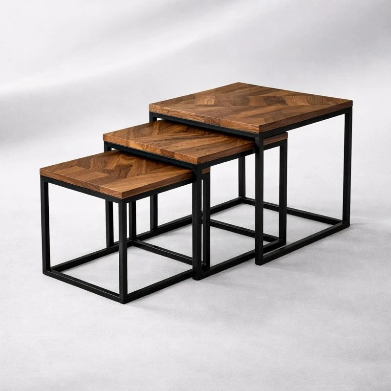 Square Nesting Coffee Tables 3 Pcs Set Industrial Wood Metal Side Tables Herringbone Design Living Room Furniture