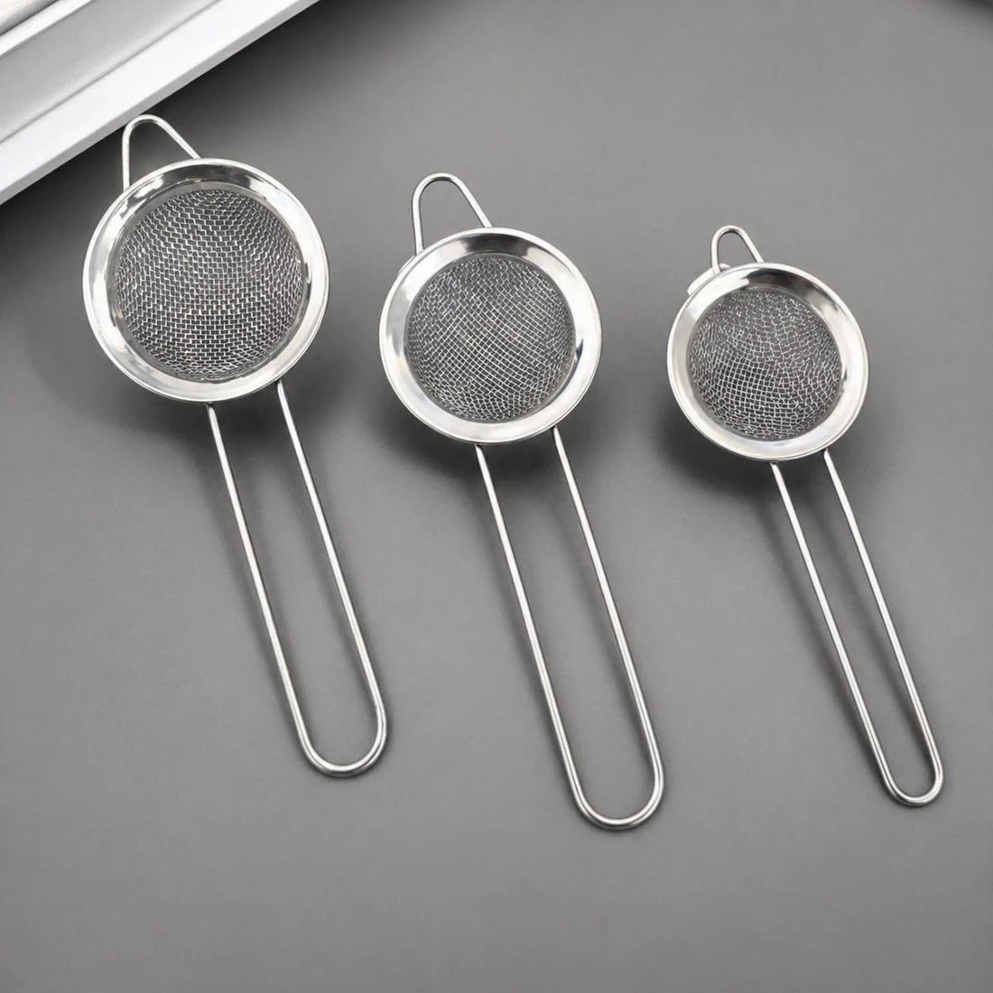 Stainless Steel Tea Strainer Set 3 Sizes Fine Mesh Kitchen Strainers 5 cm 6 cm 7 cm