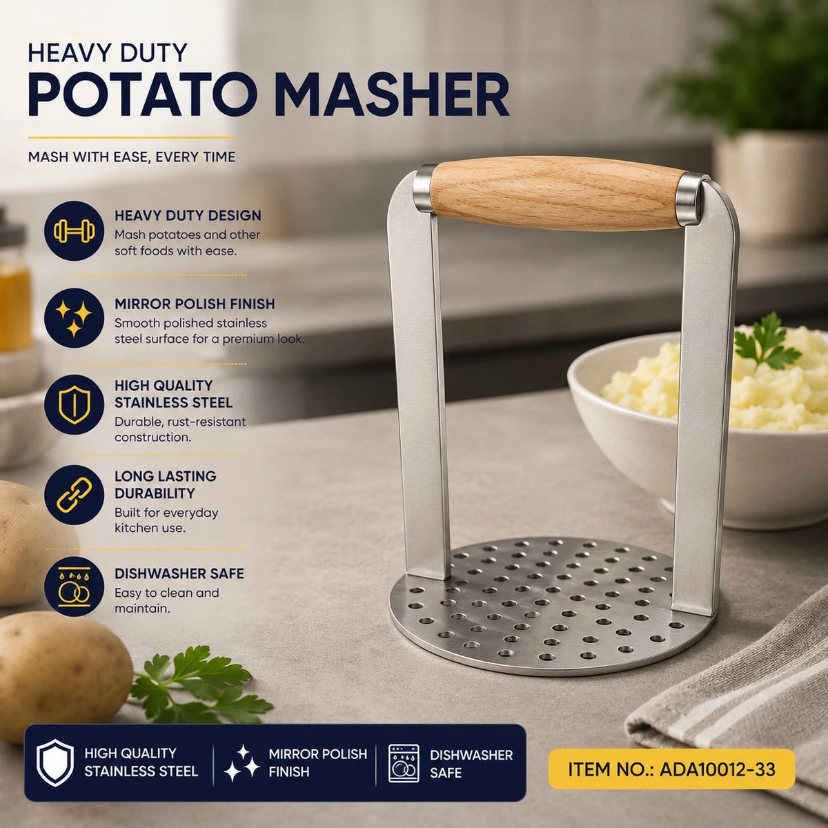 Heavy Duty Stainless Steel Potato Masher Vegetable Fruit Avocado Kitchen Press With Wooden Handle