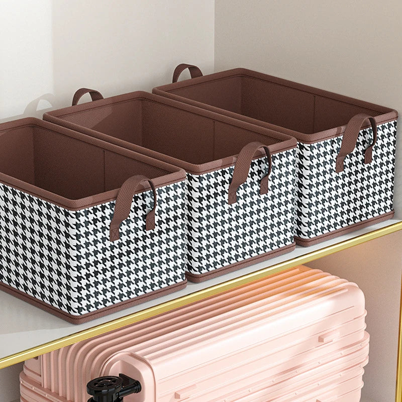 Foldable Fabric Storage Box Closet Organizer Basket with Handles Houndstooth Pattern