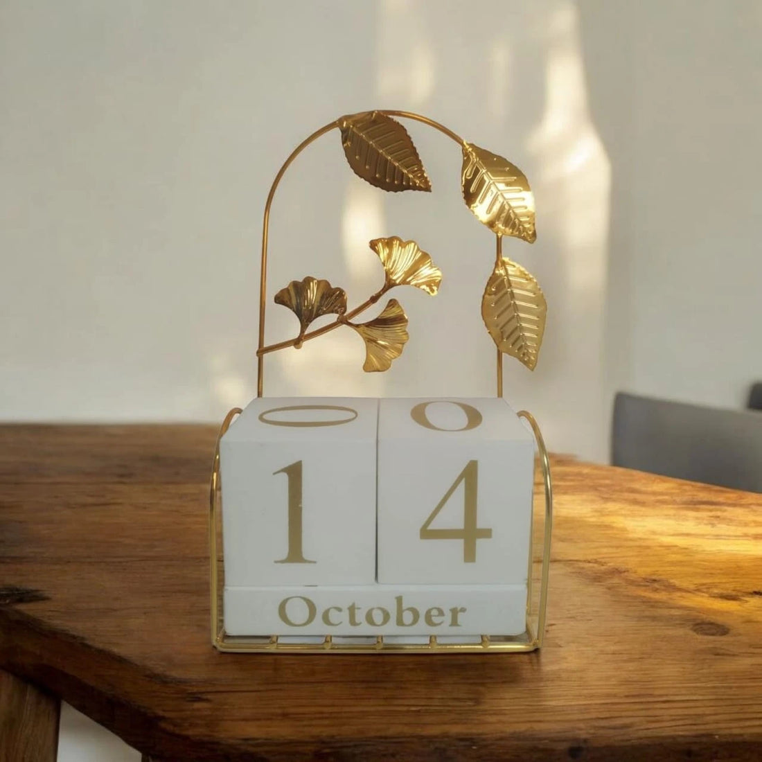 Floral Perpetual Desk Calendar with Wooden Date Blocks and Decorative Gold Leaf Design