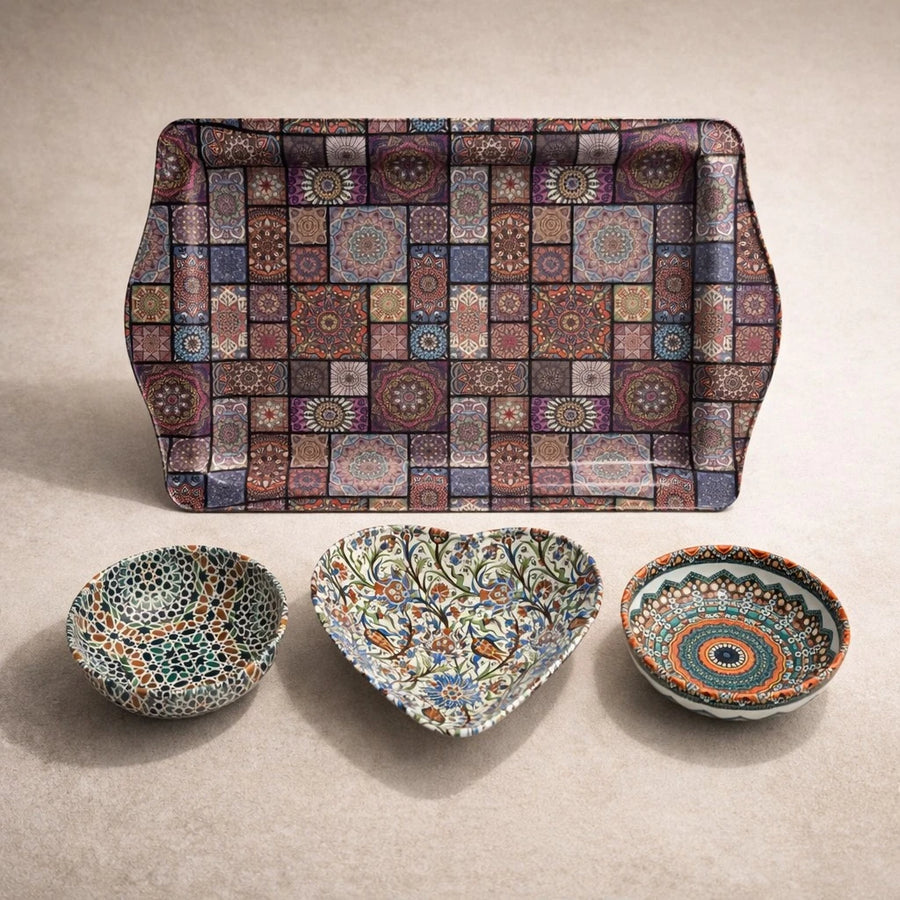 Turkish Metal Serving Tray Set Heart Bowl Saucer Mandala Mosaic Design Coffee Sweet Serving Set Decorative Tray Assorted