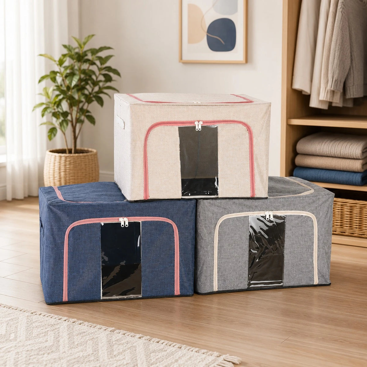 Foldable Fabric Storage Box with Transparent Window Large Capacity Clothes Blanket Organizer