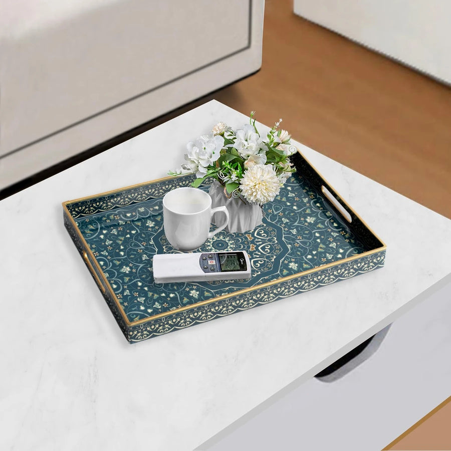 Arabesque Serving Tray Set 2 Pieces Teal Gold Decorative Coffee Dates Dessert Tray Ramadan