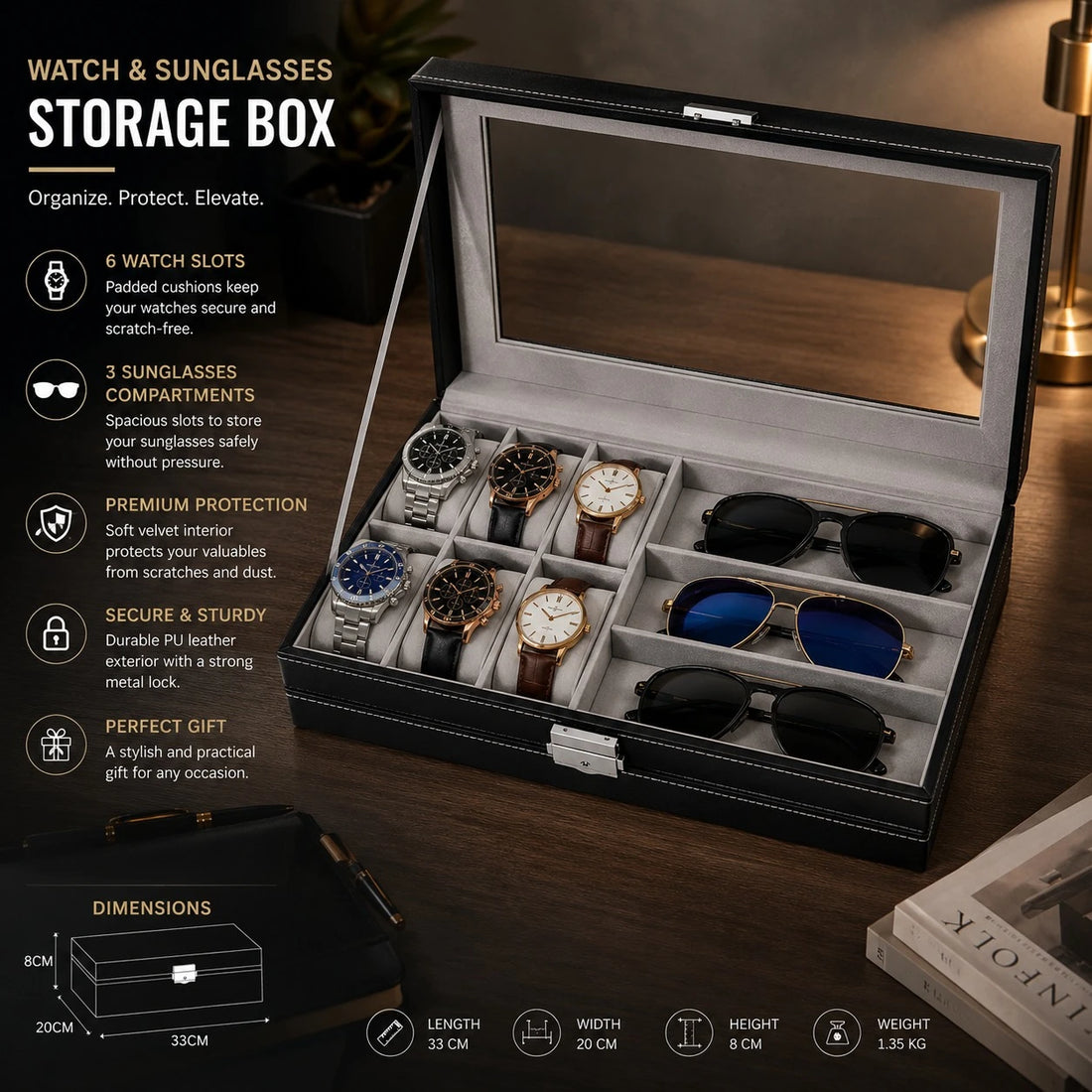 Watch Sunglasses Storage Travel Box PU Leather Glass Top Organizer Case 6 Watch Slots 3 Sunglasses Compartments