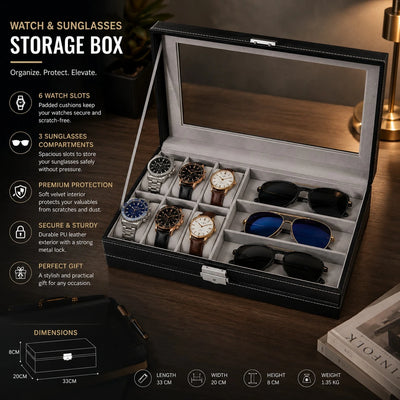 Watch Sunglasses Storage Travel Box PU Leather Glass Top Organizer Case 6 Watch Slots 3 Sunglasses Compartments