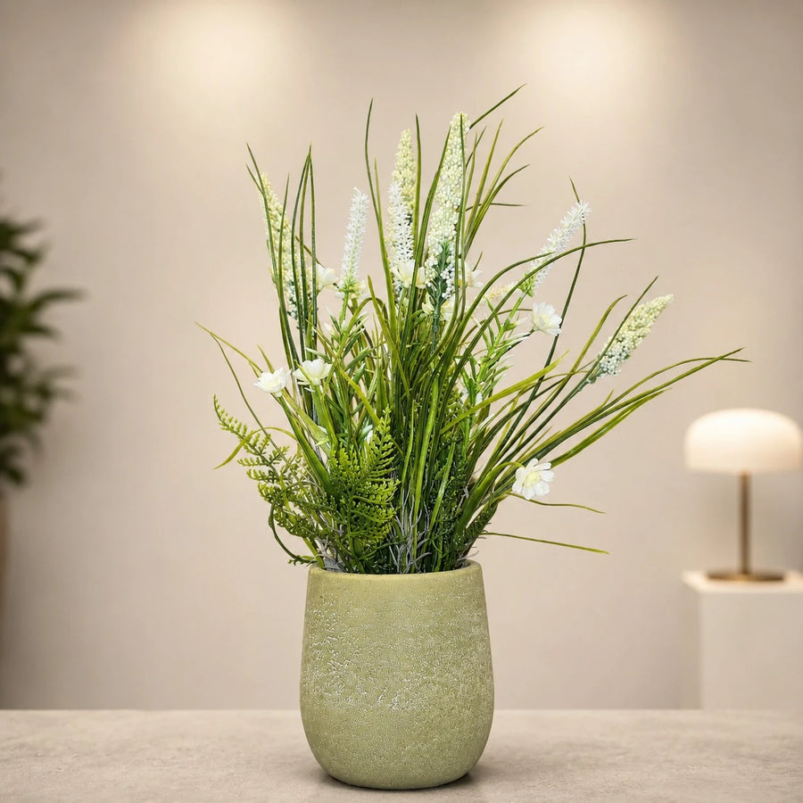 Artificial White Floral Grass Arrangement Decorative Greenery Tabletop Plant Pot Home Office Decor