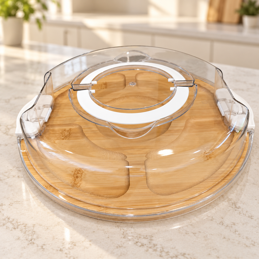 Bamboo Snack Serving Tray with Locking Clear Cove